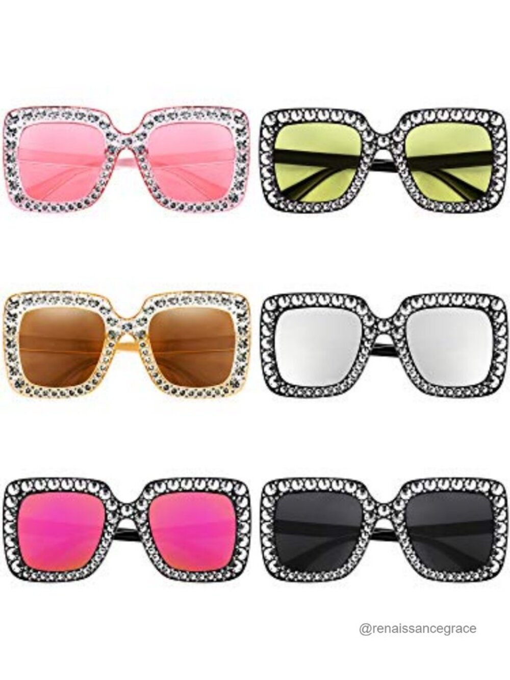 6 Pack Oversized Rhinestone Square Sunglasses UV Protection